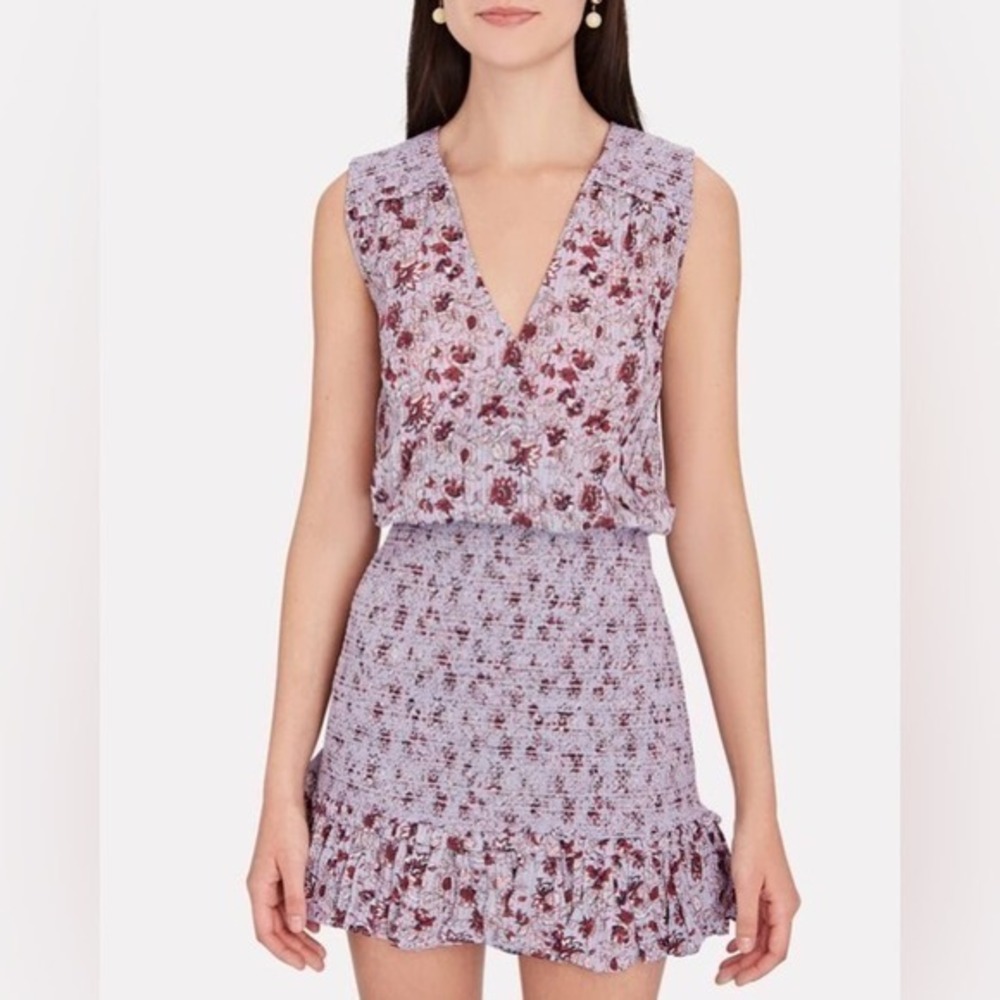 Veronica Beard Cox Lavender Floral Print Sleeveless V-Neck Smocked Mini Dress XL